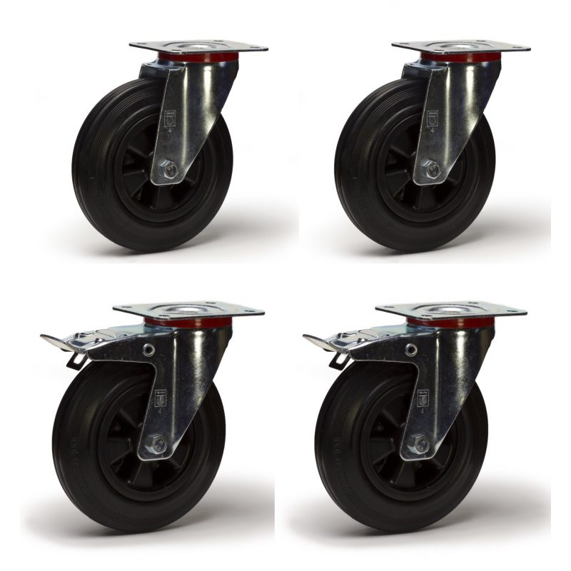 Roulette pivotante avec roue gonflable Ø 200 mm noire, 2 Ply jante en tôle  d'acier, roulement à rouleaux, profil à rainures, bl