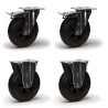 Lot de quatre roulettes pivotantes à frein et fixes caoutchouc noir 80 mm – 150kg