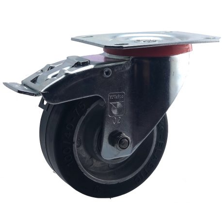 Roulette caoutchouc noir pivotante à frein diamètre 100 mm
