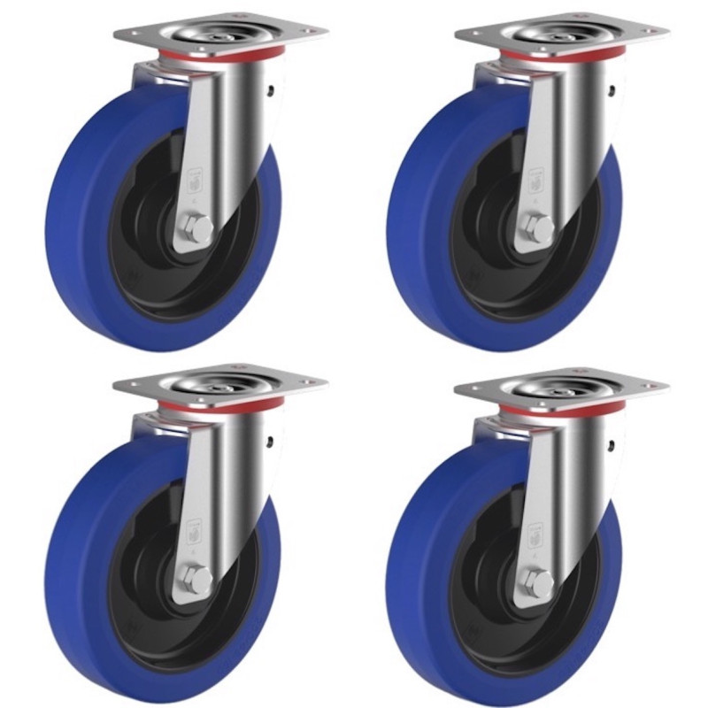 Lot de 4 roulettes pivotantes caoutchouc EASYROLL® BLEU 100 mm  charge - 420 Kg