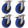 Lot de 4 roulettes pivotantes et pivotantes à frein caoutchouc EASYROLL® BLEU 100 mm charge - 420 Kg