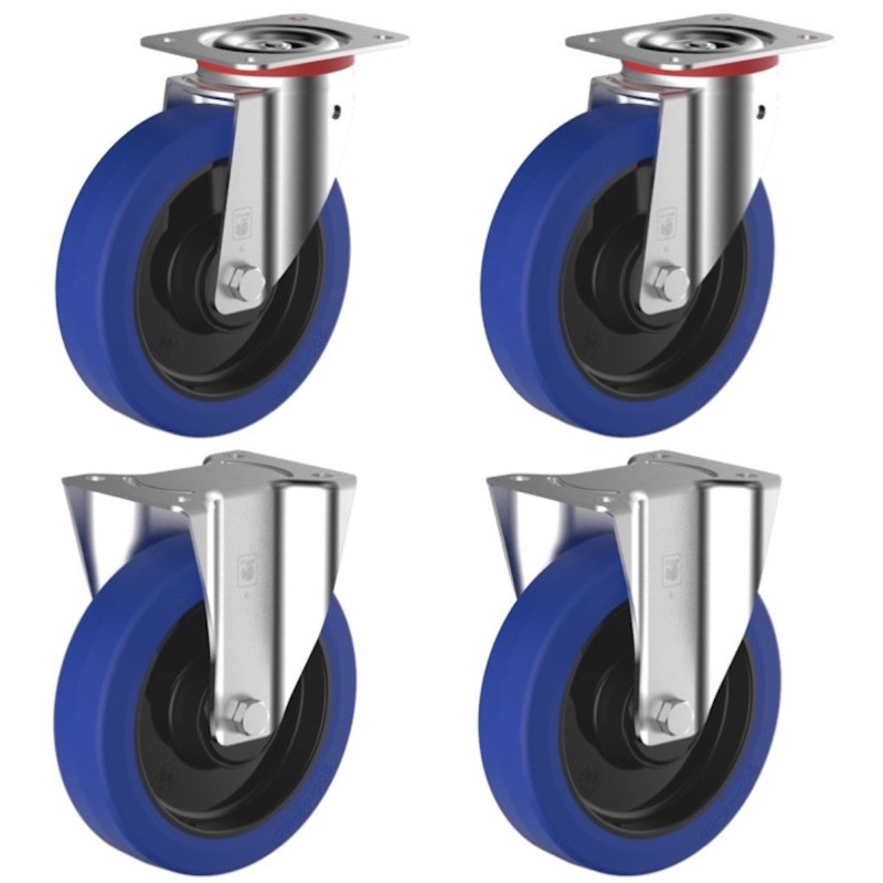 Lot de 4 roulettes pivotantes et fixe caoutchouc EASYROLL® BLEU 100 mm charge  - 420 Kg