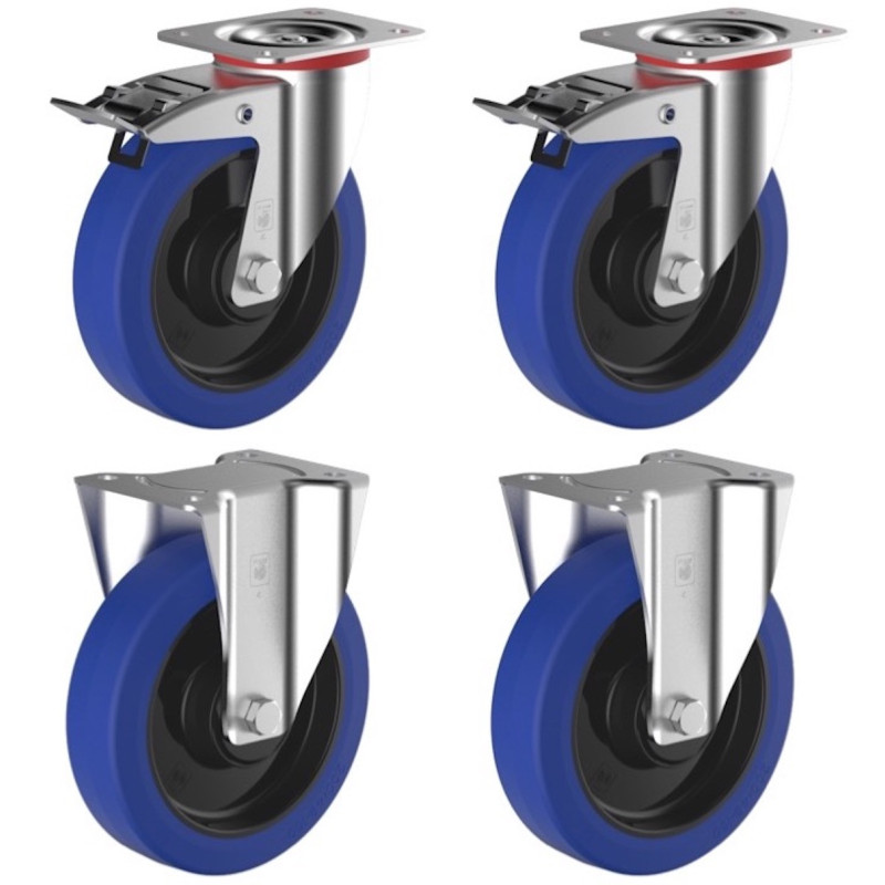 Lot de 4 roulettes pivotantes à frein et fixe caoutchouc EASYROLL® BLEU 100 mm charge - 420 Kg