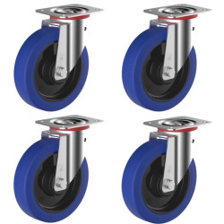 Lot de 4 roulettes pivotantes caoutchouc EASYROLL® BLEU 125 mm charge - 600 Kg