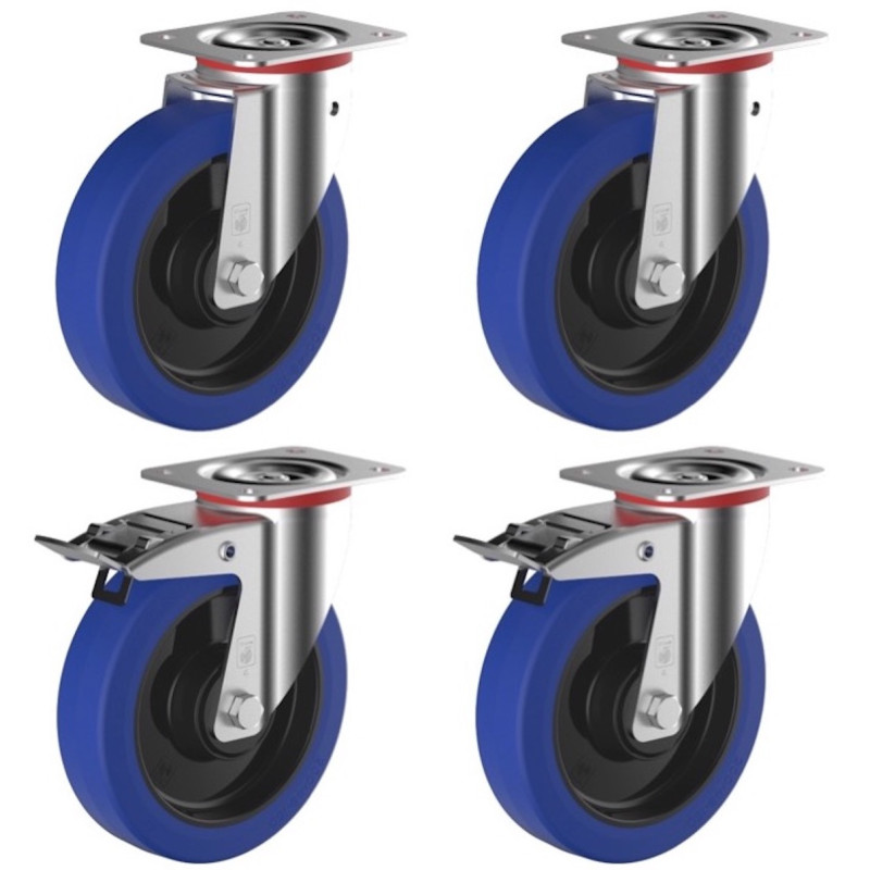 Lot de 4 roulettes pivotantes et pivotantes à frein caoutchouc EASYROLL® BLEU 125 mm charge - 600 Kg