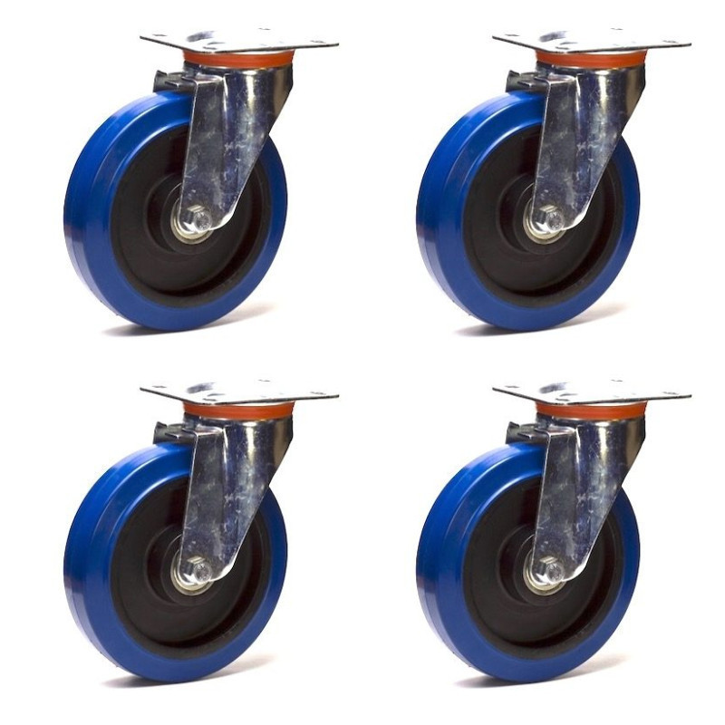 Lot de 4 roulettes pivotantes caoutchouc EASYROLL® BLEU 200 mm charge - 1050 Kg