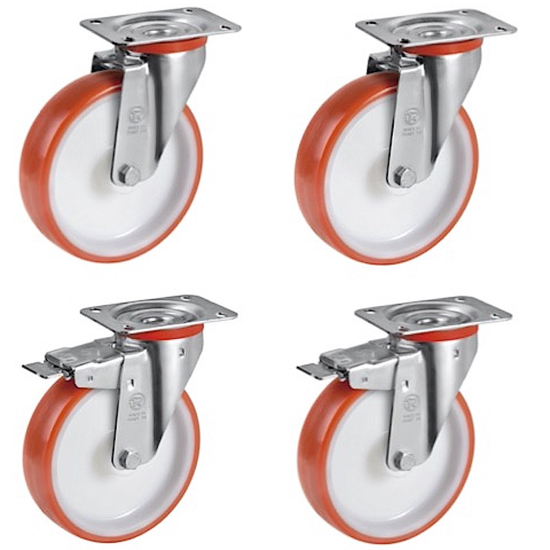 Lot de 4 roulettes pivotantes et pivotantes à frein polyuréthane rouge  80 mm - 360 Kg