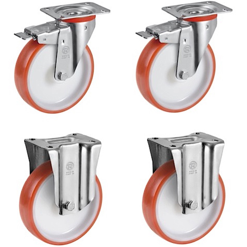 Lot de 4 roulettes pivotantes à frein et fixes polyuréthane rouge  80 mm - 360 Kg