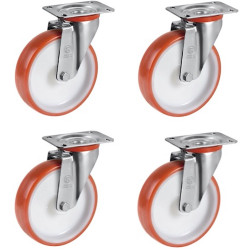 4 x Roulettes pivotantes polyuréthane rouge diamètre 100 mm - 510 Kg