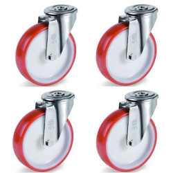 4x Roulettes ŒIL pivotantes polyuréthane ROUGE diamètre 125 mm - 660Kg