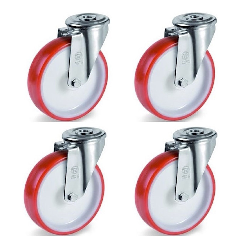 4x Roulettes ŒIL pivotantes polyuréthane ROUGE diamètre 125 mm - 660Kg