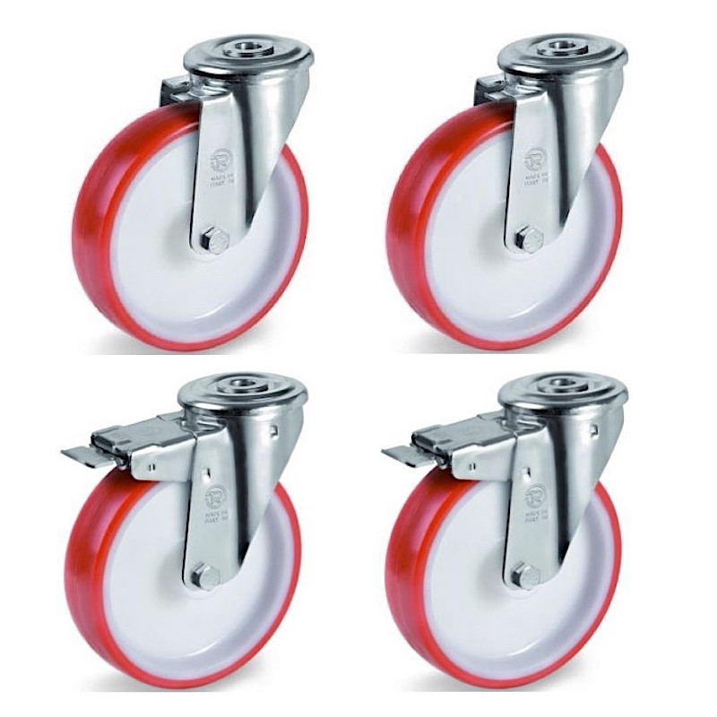 4x Roulettes ŒIL pivotantes polyuréthane ROUGE diamètre 125 mm - 660Kg