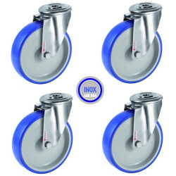 Lot roulettes à oeil INOX pivotantes polyuréthane BLEU-SOFT®  100 mm - 360 Kg