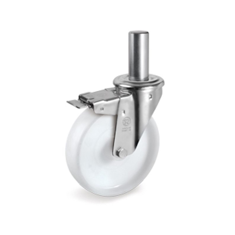 Roulette pivotante à frein diamètre 150 mm polyamide blanc tige lisse 26 x 56 mm