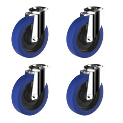 Lot de 4 roulettes à oeil pivotantes caoutchouc élastique bleu 100 mm charge 540 Kg