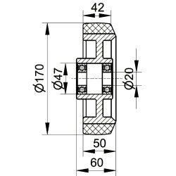 Roue caoutchouc jante aluminium 170 x 45 LM57/53 AL20 charge 400Kg