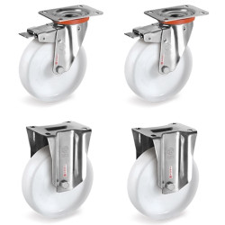 Lot de 4 roulettes INOX pivotantes à frein et fixes plastique blanc 80 mm - 450 Kg