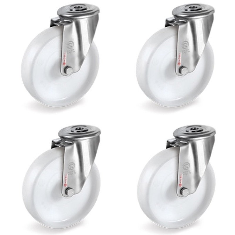 Lot de 4 roulettes à Oeil INOX pivotantes plastique blanc 80 mm - 300 Kg