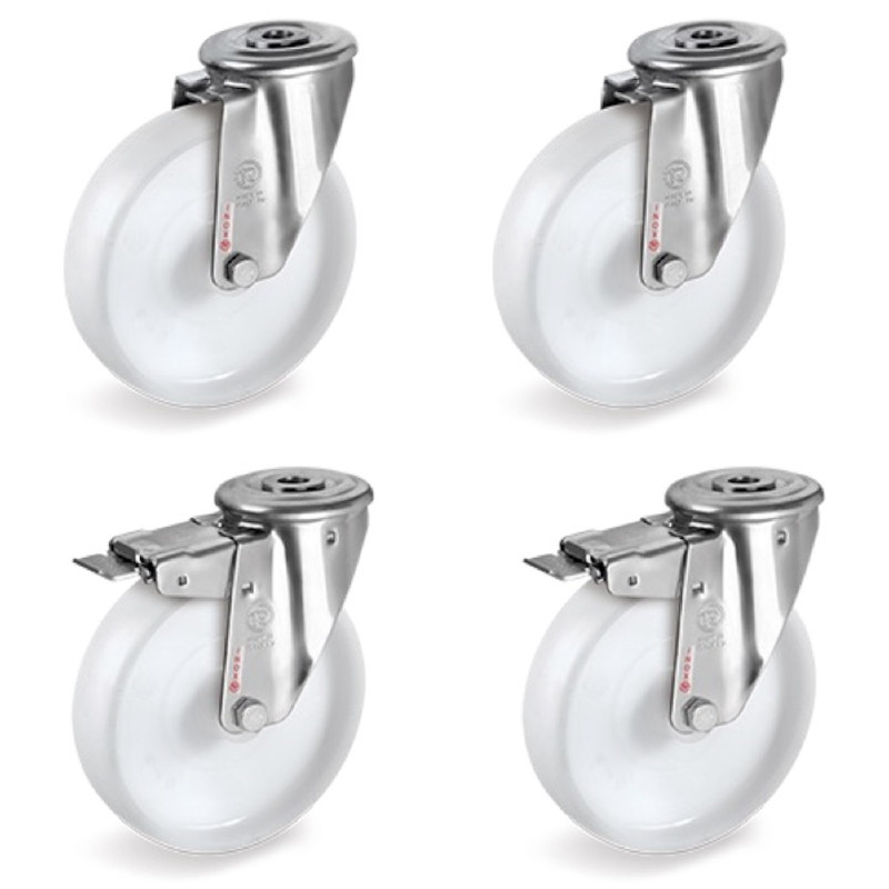 Lot de 4 roulettes à Oeil INOX pivotantes et pivotantes à frein plastique blanc 80 mm - 300 Kg