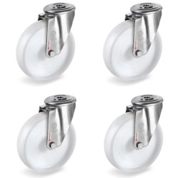 Lot de 4 roulettes à Oeil INOX pivotantes plastique blanc 100 mm - 450 Kg