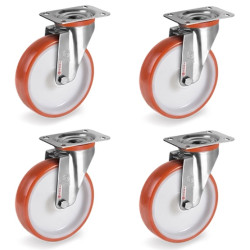 Lot de 4 roulettes INOX pivotantes polyuréthane rouge 80 mm - 360Kg