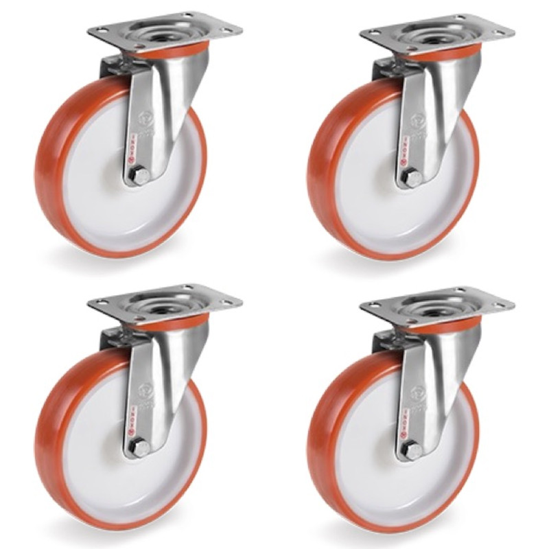 Lot de 4 roulettes INOX pivotantes polyuréthane rouge 80 mm - 360Kg