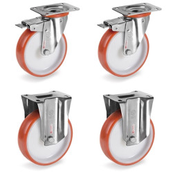 Lot de 4 roulettes INOX pivotantes à frein et fixes polyuréthane rouge 80 mm - 360Kg