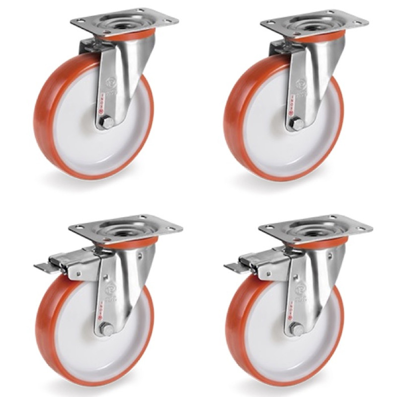 Lot de 4 roulettes INOX pivotantes  et pivotantes à frein polyuréthane rouge 100 mm - 510Kg