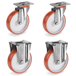 Lot de 4 roulettes INOX pivotantes et fixes polyuréthane rouge 100 mm - 510Kg