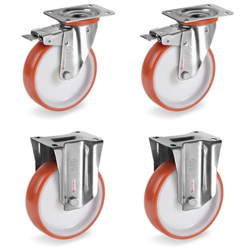 Lot de 4 roulettes INOX pivotantes à frein et fixes polyuréthane rouge 100 mm - 510Kg