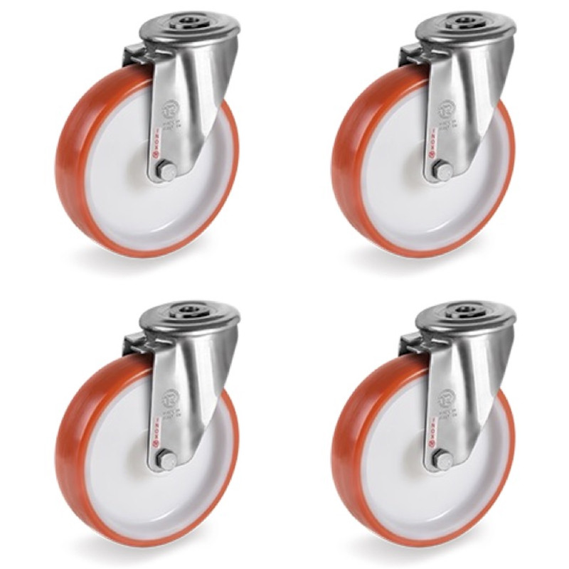 Lot de 4 roulettes à Oeil INOX pivotantes polyuréthane rouge 80 mm - 360Kg