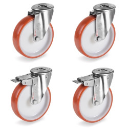 Lot de 4 roulettes à Oeil INOX pivotantes et pivotantes à frein polyuréthane rouge 80 mm - 360Kg