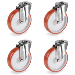 Lot de 4 roulettes à Oeil INOX pivotantes polyuréthane rouge 100 mm - 510Kg