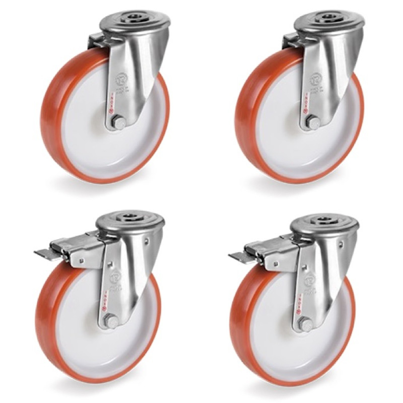 4x Roulettes ŒIL INOX pivotantes, freins polyuréthane ROUGE Ø 100 mm