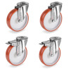 4x Roulettes ŒIL INOX pivotantes, freins polyuréthane ROUGE Ø 100 mm