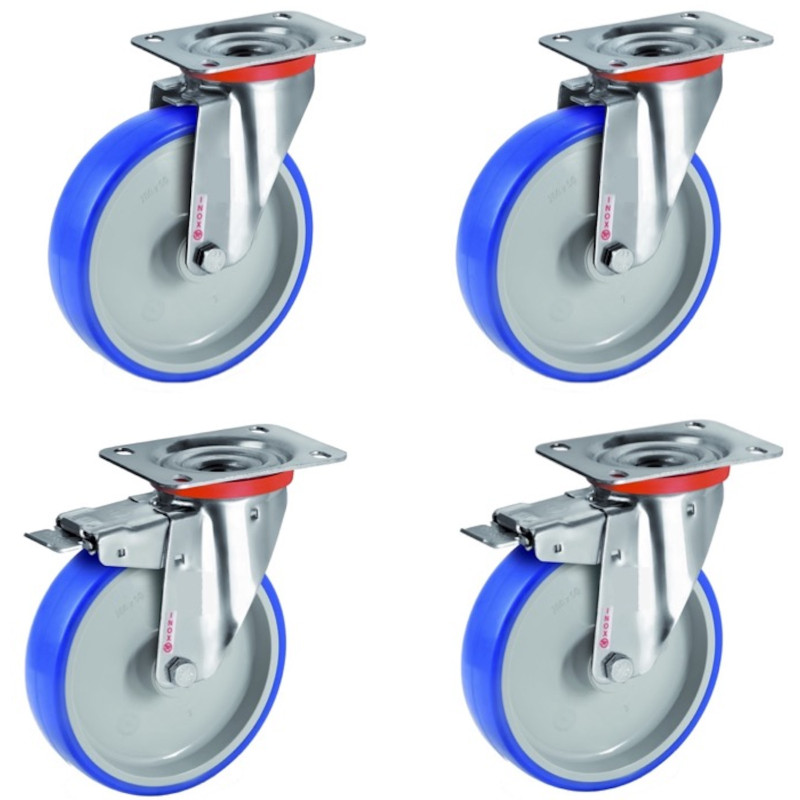 Lot de 4 roulettes INOX pivotantes et pivotantes à frein polyuréthane BLEU-SOFT®  80 mm - 225 Kg