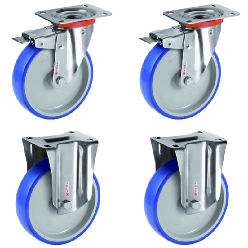 Lot de 4 roulettes INOX pivotantes à frein et fixes polyuréthane BLEU-SOFT®  80 mm - 225 Kg