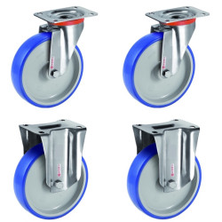 Lot de 4 roulettes INOX pivotantes et fixes polyuréthane BLEU-SOFT®  100 mm - 360 Kg