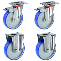 Lot de 4 roulettes INOX pivotantes à frein et fixes polyuréthane BLEU-SOFT®  100 mm - 360 Kg