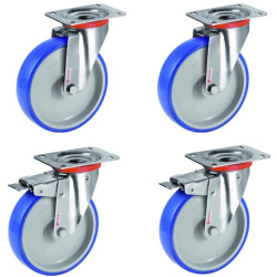 Lot de 4 roulettes INOX pivotantes et pivotantes à frein polyuréthane BLEU-SOFT®  125 mm - 540 Kg