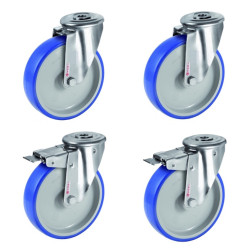 Lot de 4 roulettes à oeil INOX pivotantes et pivotantes à frein polyuréthane BLEU-SOFT®  80 mm - 225 Kg