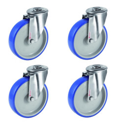 Lot de 4 roulettes à oeil INOX pivotantes polyuréthane BLEU-SOFT®  100 mm - 360 Kg