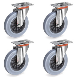 Lot de 4 roulettes INOX pivotantes caoutchouc non tachant 80 mm - 150Kg