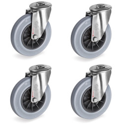 Lot de 4 roulettes à Oeil INOX pivotantes caoutchouc non tachant 80 mm - 150Kg