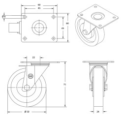 Roulette INOX pivotante diamètre 50 mm roue polyuréthane rouge - 55 Kg