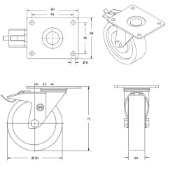 Roulette INOX pivotante à frein diamètre 50 mm roue polyuréthane rouge - 55 Kg