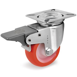 Roulette INOX pivotante à frein diamètre 50 mm roue polyuréthane rouge - 55 Kg