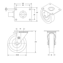 Lot de quatre roulettes pivotantes caoutchouc noir 200 mm - 615Kg