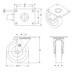 Lot de 4 roulettes pivotantes et fixes caoutchouc noir 100 mm - 210Kg