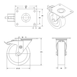 Lot de quatre roulettes pivotantes et pivotantes avec frein caoutchouc noir 125 mm - 300Kg